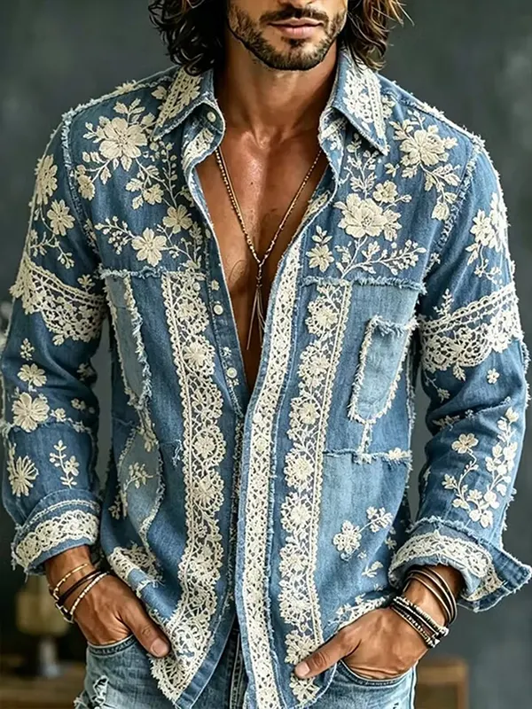 Men's Boho Floral Lace Distressed Frayed Print Long Sleeve Shirt