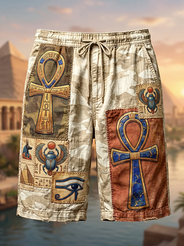 Men's Ancient Egyptian Ankh Retro Camo Patchwork Art Print Casual Shorts
