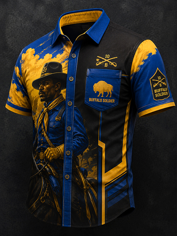 Retro Buffalo Soldier Print Shirt - American Made 4th of July Celebration