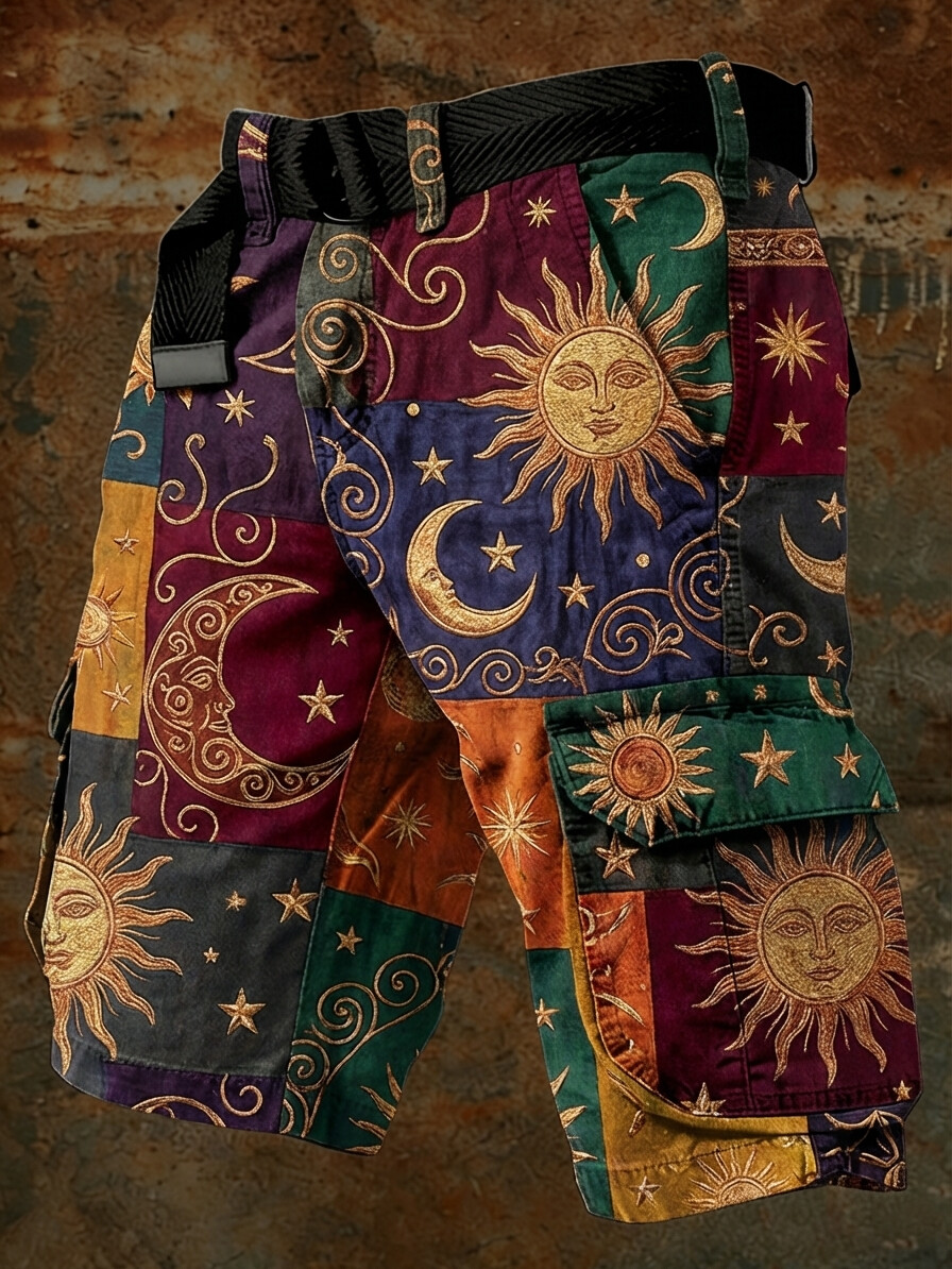 Men's Retro Hippie Art Mysterious Sun Moon Colorblock Print Denim-Like Cargo Shorts