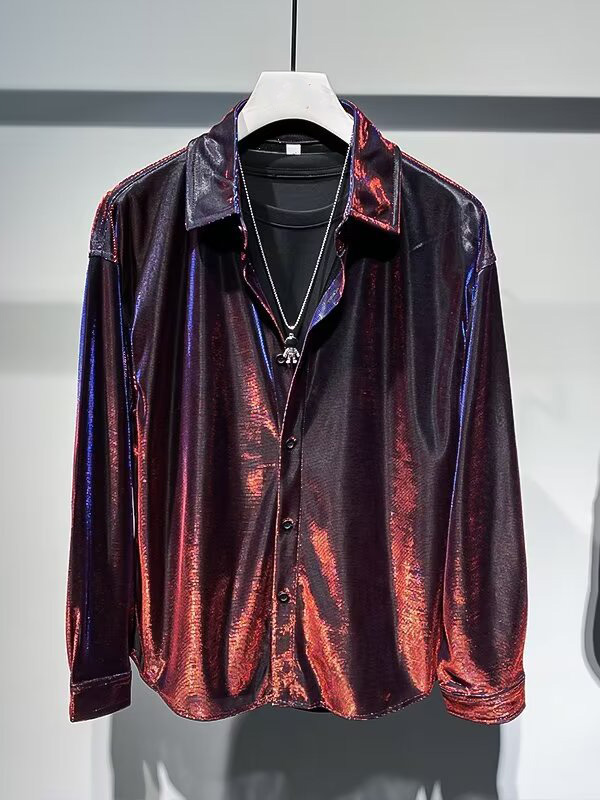 Men's Turndown Collar Ombre Glitter Loose Casual Long Sleeve Shirt
