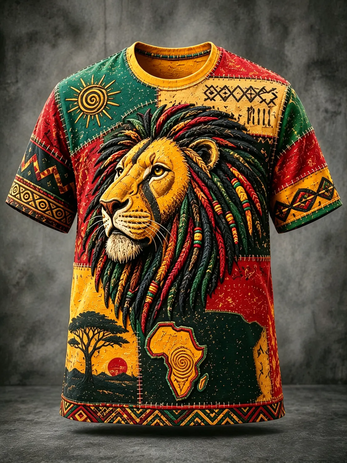 Men's Rasta Lion African Map Patchwork Art Print T-Shirt