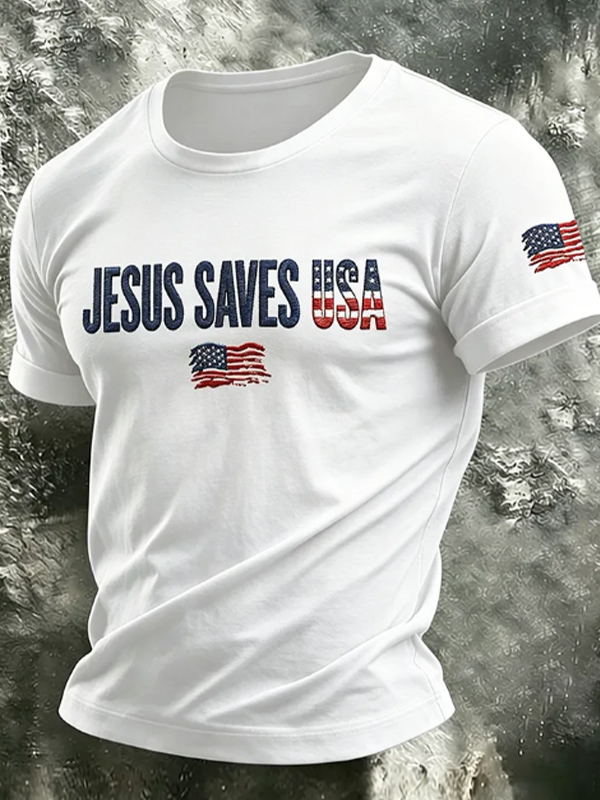Men's Jesus Saves USA Flag Faith Print Casual T-Shirt