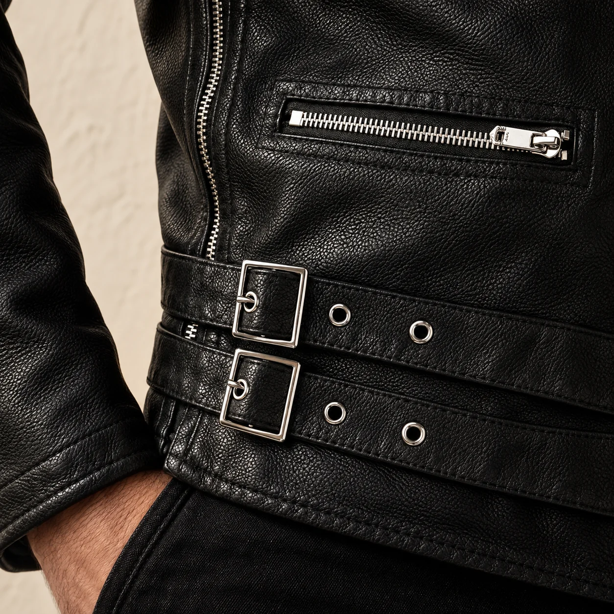 Styling visualization of black textured jacket, silver zip pocket and two buckle details