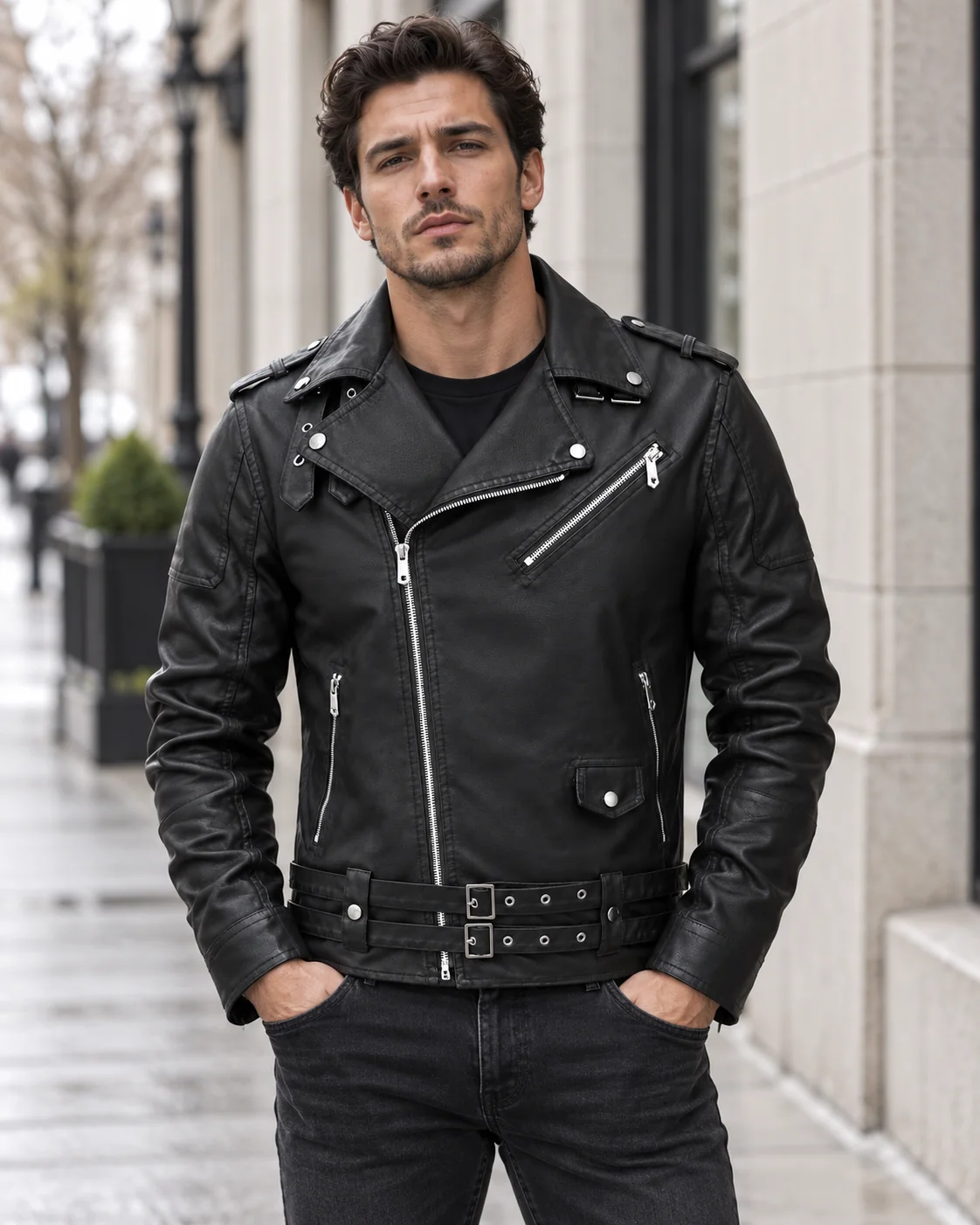 Styling visualization of the black buckle-detail moto jacket worn in an urban setting