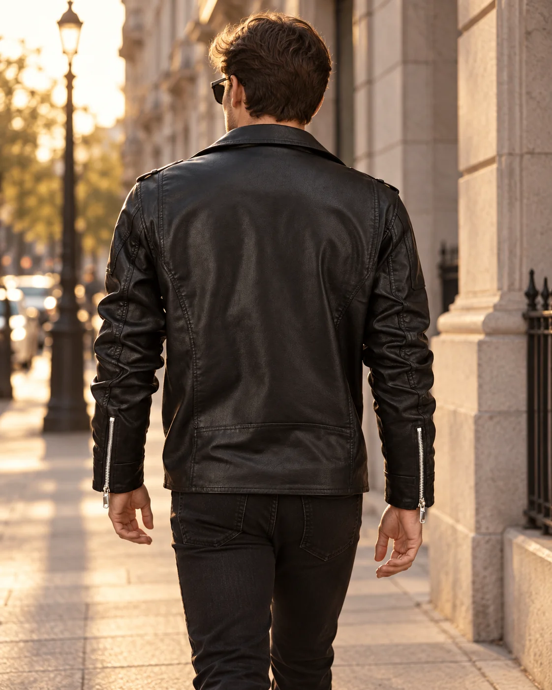 Styling visualization showing the black jacket from behind outdoors