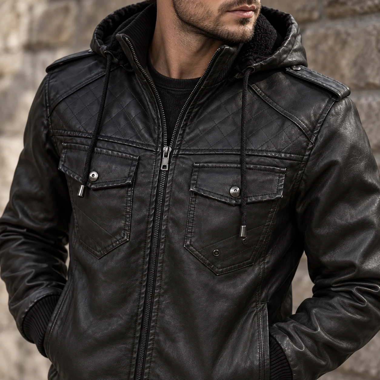 Black jacket shoulder, hood and chest-pocket detail, styling visualization