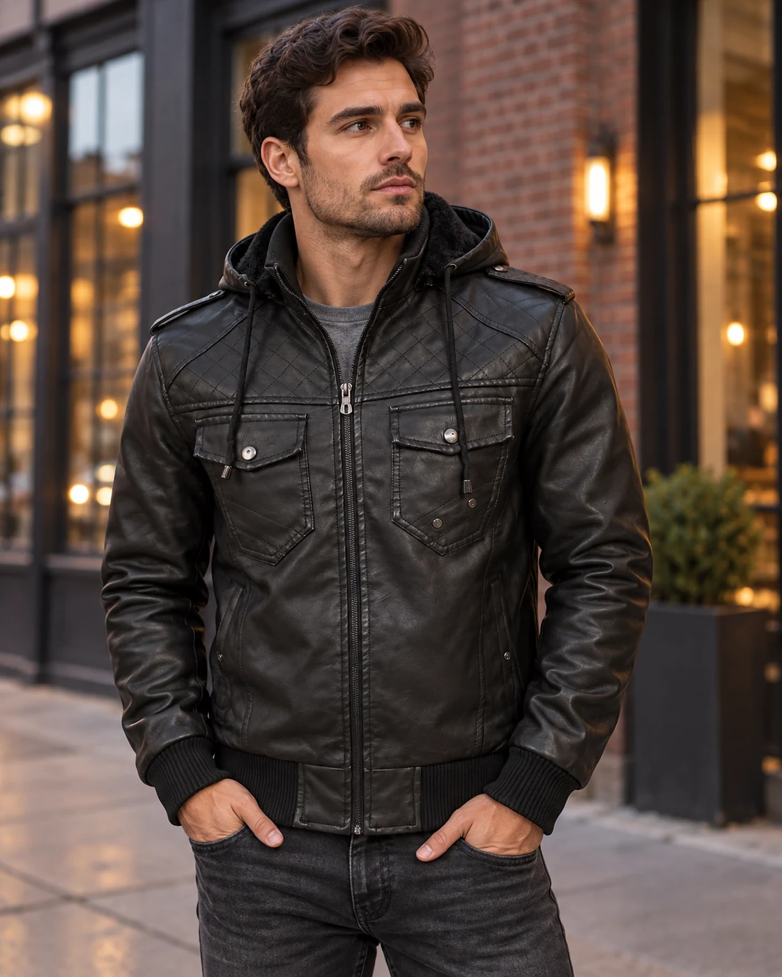 Black quilted-shoulder hooded jacket worn on a city street, styling visualization