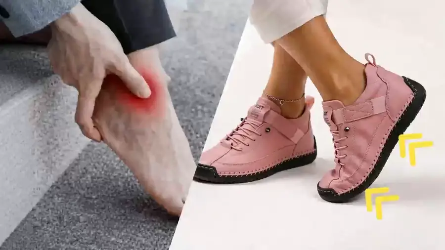 Animated demonstration showing tired-foot discomfort followed by pink Liora comfort sneakers