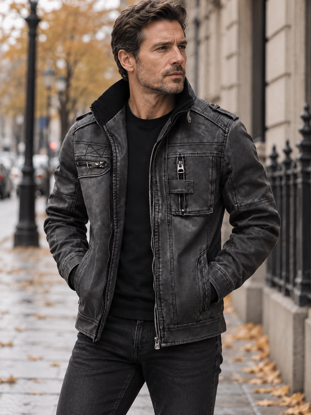 Styling visualization of the black Bonanza jacket worn with a dark shirt