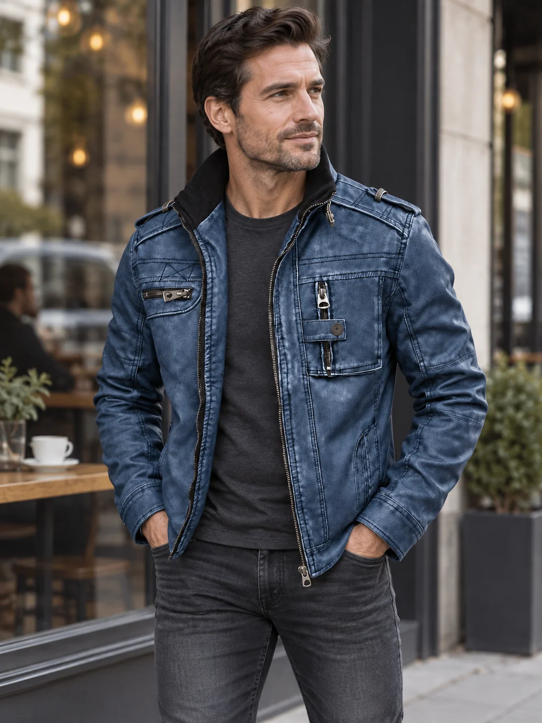 Styling visualization of the blue Bonanza jacket over a charcoal shirt