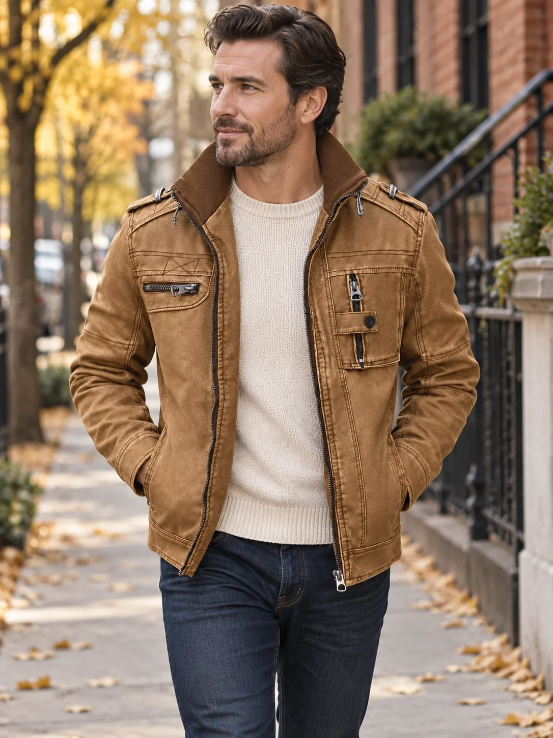 Styling visualization of the brown Bonanza jacket with knitwear