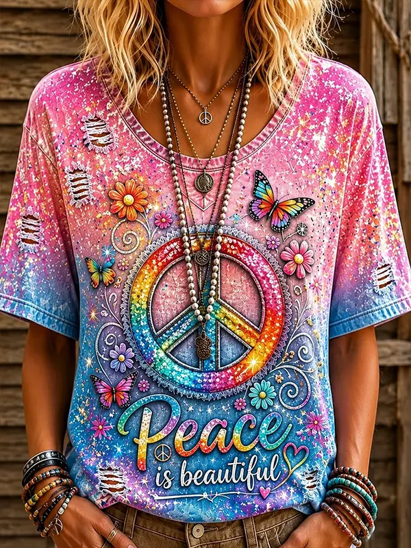 Women's Peace Is Beautiful Hippie Peace Symbol And Floral Pattern Art Print Casual T-Shirt