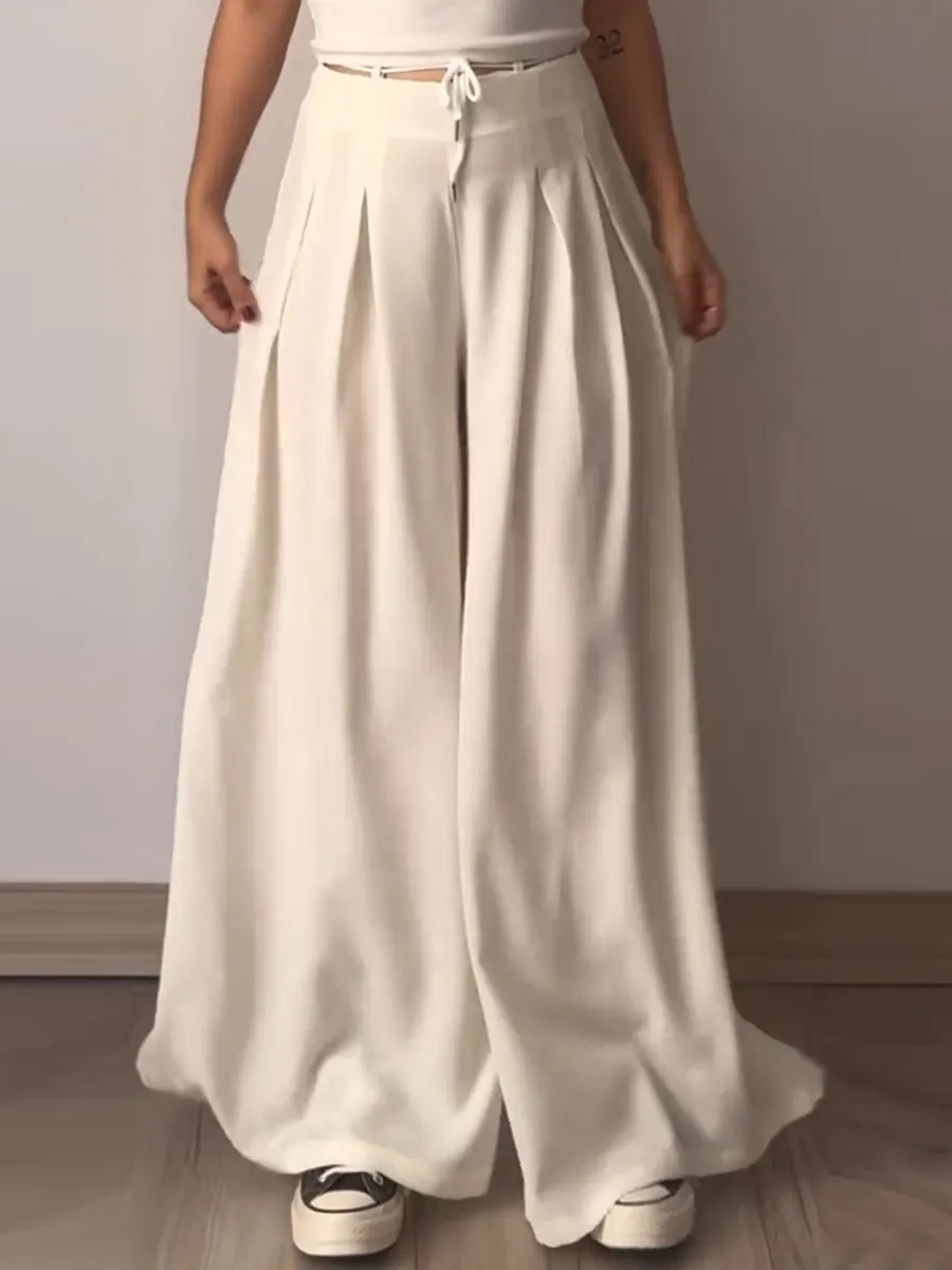 Women's Summer Solid Color High Waist Lace-up Loose Casual Cotton and Linen Wide Leg Pants