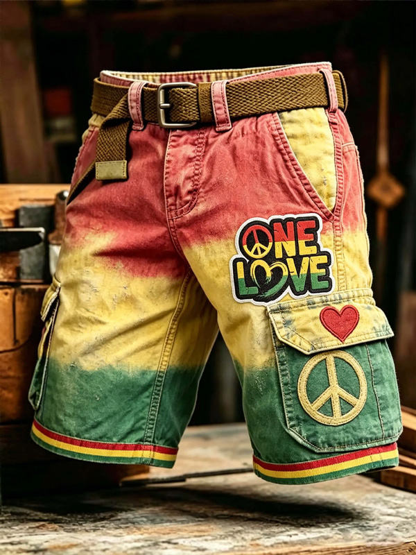 Men's Reggae Rasta Gradient One Love Art Print Casual Shorts