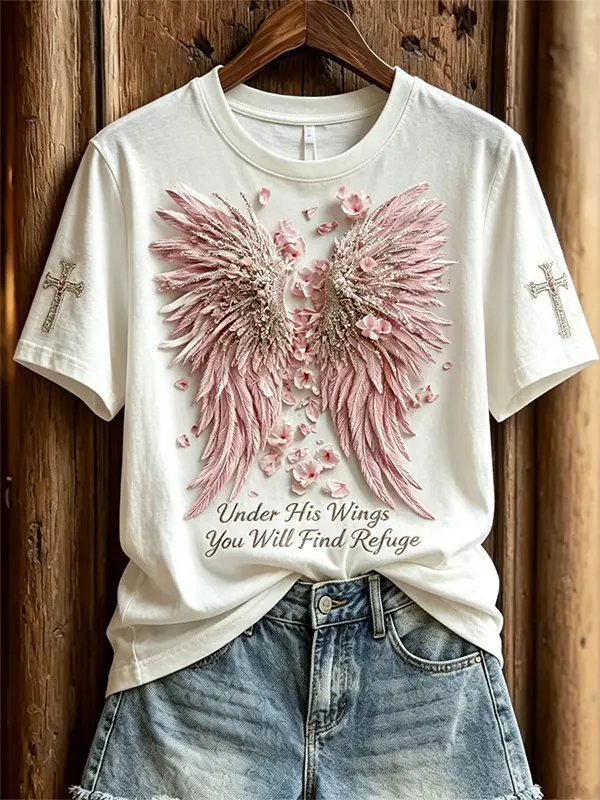 Women's Pink Feather Angel Wings Christian Faith Print Casual T-Shirt
