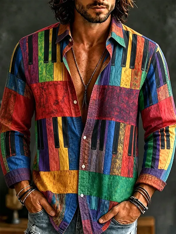 Men's Colorful Piano Keys Print Long Sleeve Shirt