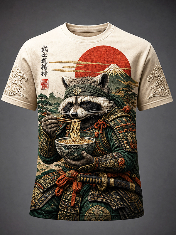 Men's Little Raccoon Samurai Eats Ramen Print T-Shirt