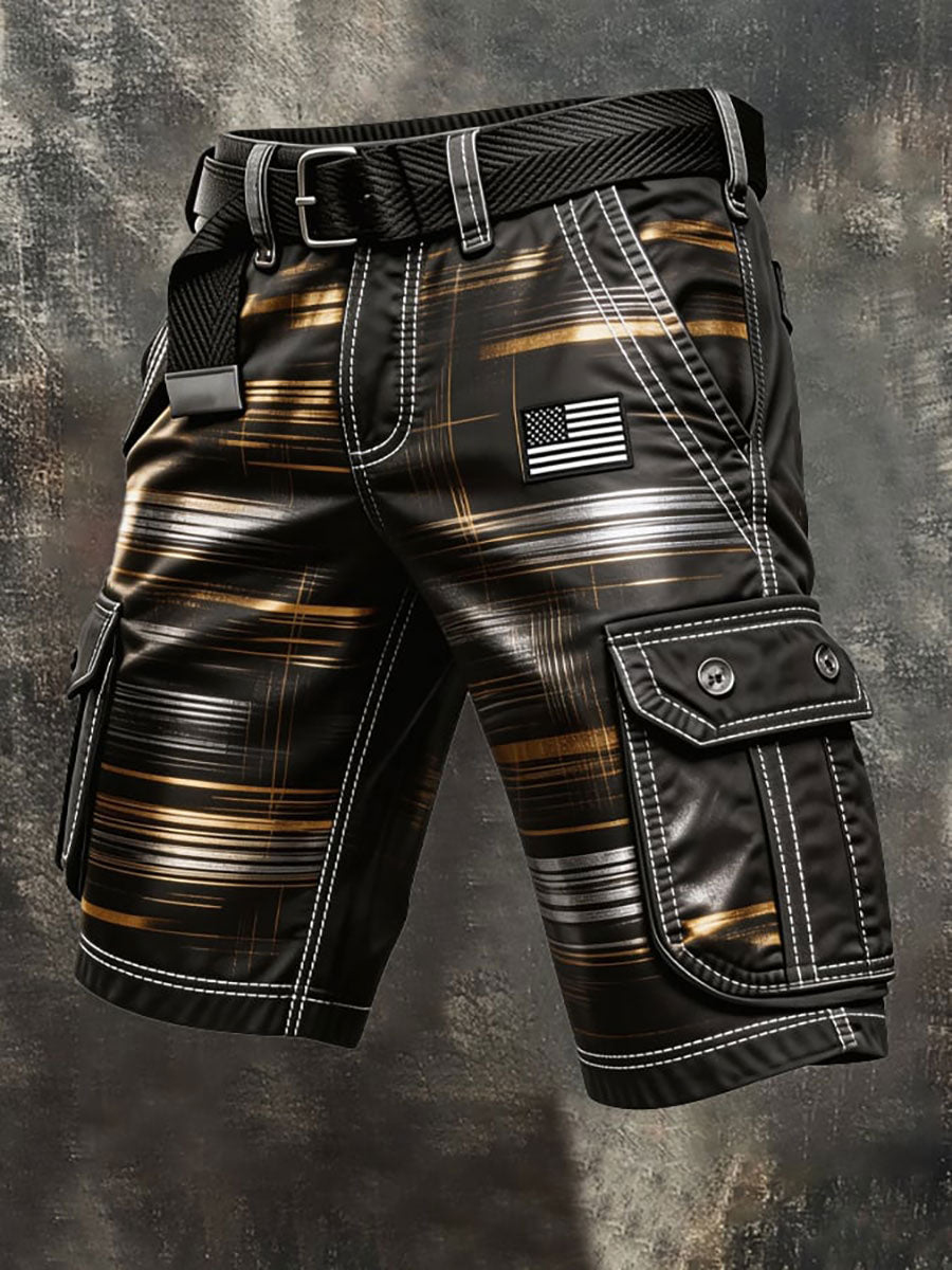 Men's Geometric Art Striped Print Denim-Like Cargo Shorts
