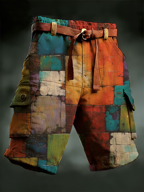 Men's Geometric Patchwork Art Print Denim-Like Casual Shorts