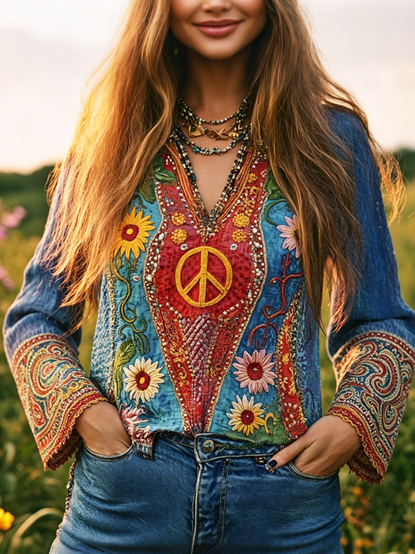 Women's Hippie Art Peace Sign Flower All Over Print V Neck Long Sleeve T-Shirt