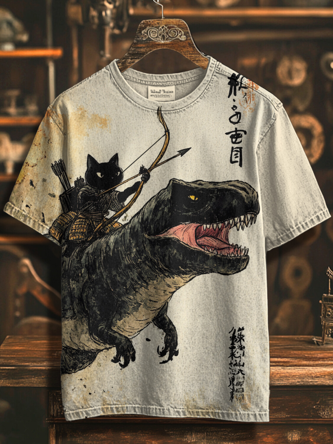 Men's Black Cat Riding A Dinosaur Shooting Arrows Away From Explosion Calligraphy Art Print Casual T-Shirt