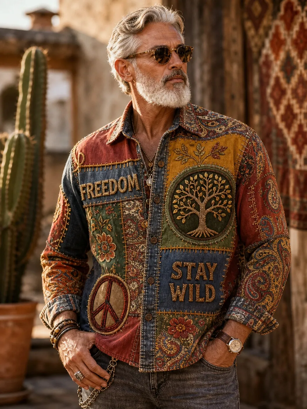 Men's Boho Freedom Tree Of Life Patchwork Colorblock Art Print Long Sleeve Shirt