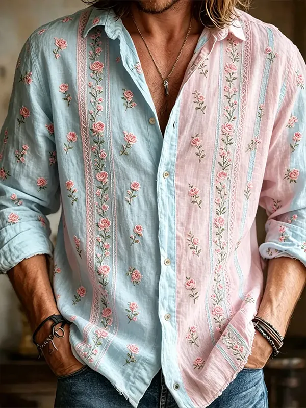 Men's Colorblock Boho Ditsy Floral Print Long Sleeve Shirt