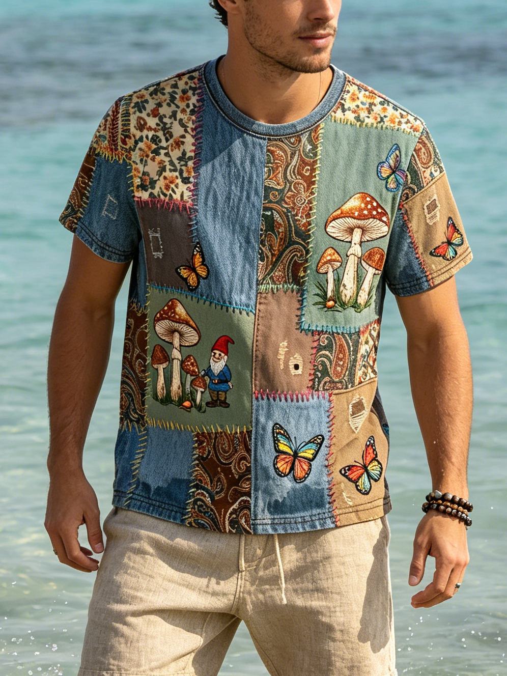 Men's Goblin Mushroom Butterfly Ditsy Floral Paisley Print Casual T-Shirt