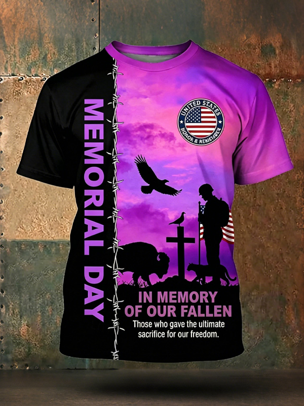 Men's Memorial Day Purple Sunset Silhouette Barbed Wire Patriotic Art Print T-Shirt