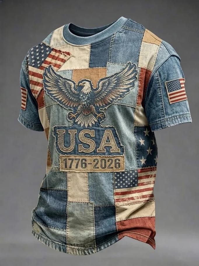 Men's USA 17756-2026 Geometric Patchwork Of The American Flag Print T-Shirt