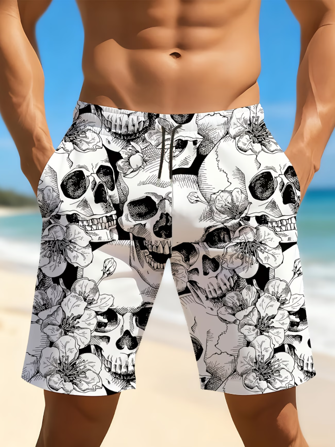 Men's Skull And Floral Print Casual Shorts