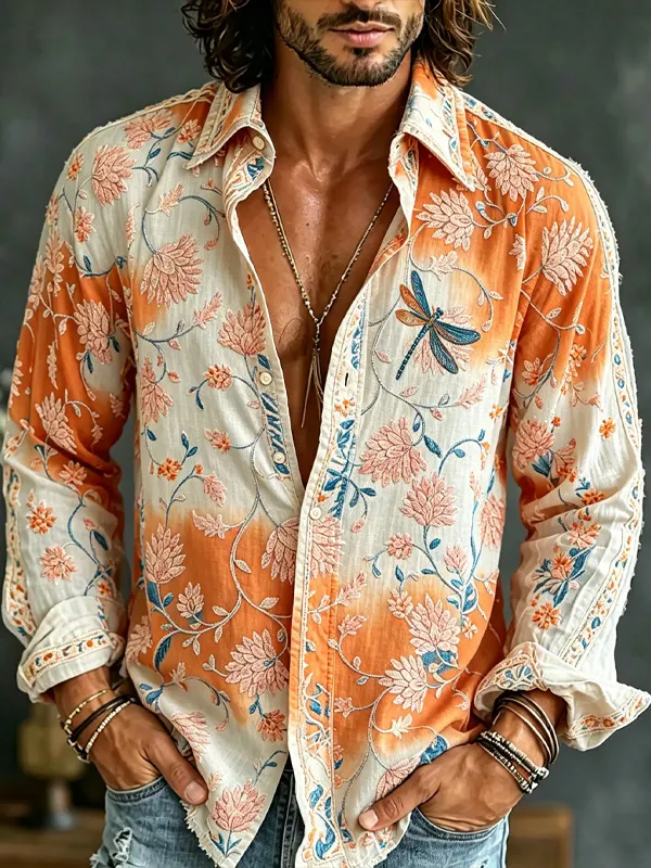 Men's Retro Flowers Dragonfly Ombre Print Vacation Long Sleeve Shirt