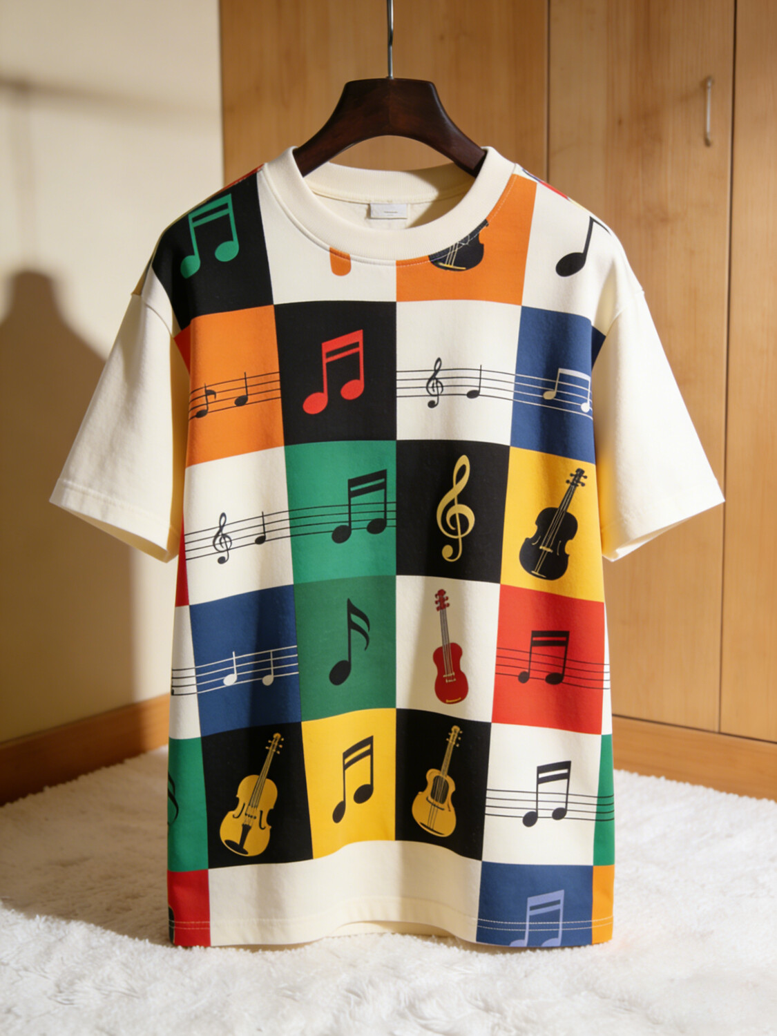 Men's Colorblock Musical Note Cello Print Casual T-Shirt
