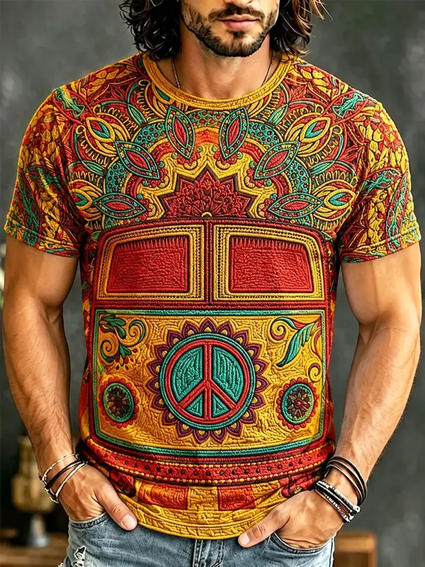 Men's Peace Hippie Bus Art Print T-Shirt