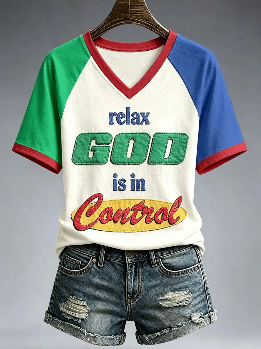 Women's Color Block Raglan Relax GOD Is In Control Print Casual T-Shirt