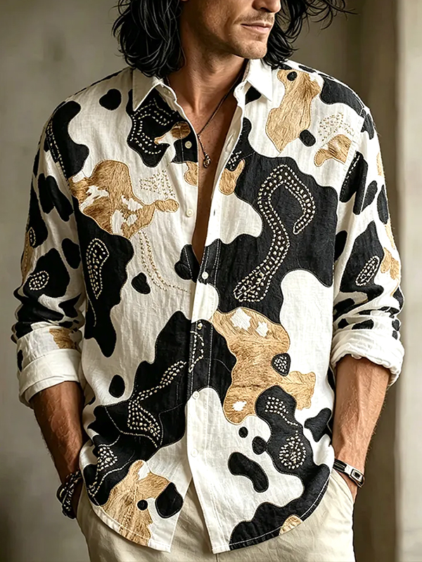 Men's Retro Abstract Geometric Texture Art Print Long Sleeve Shirt