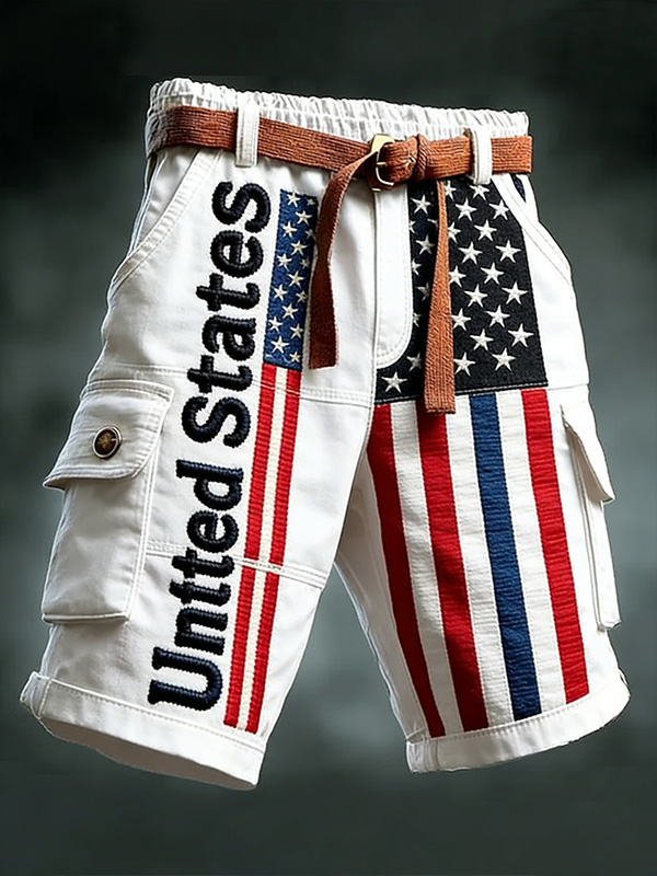 Men's United States Stars Stripes Flag Print Denim-Like Cargo Shorts
