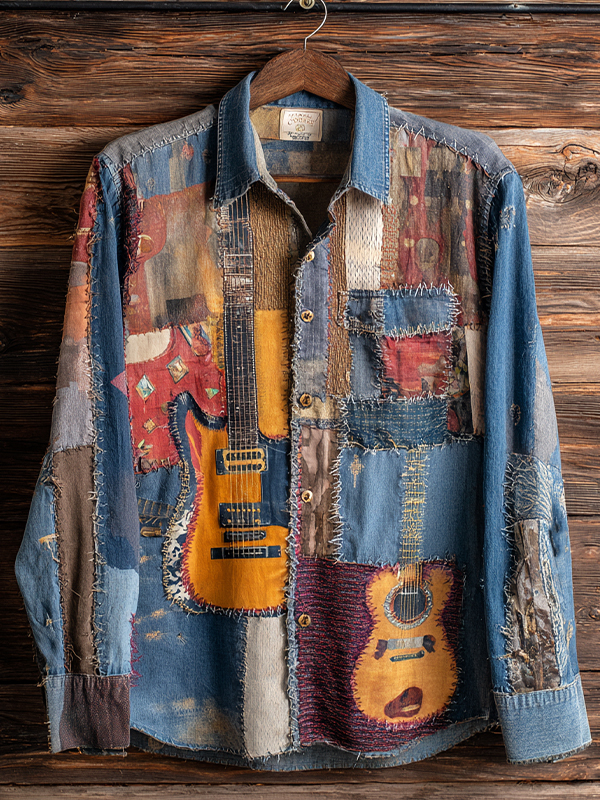 Men's Guitar Patchwork Pattern Print Long Sleeve Shirt