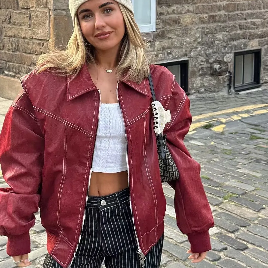 Oversized Contrast Stitch Jacket Red（70% OFF）