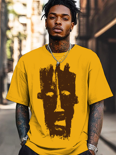 Men's Black Abstract African Mask Graphic Print Cotton Casual T-Shirt