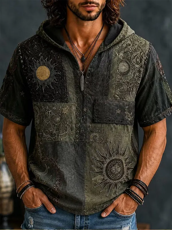Men's Hippie Art Sun and Moon Pattern Casual Hooded T-Shirt
