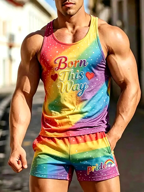 Men's Born This Way Rainbow Pride LGBTQ Print Tank Top Shorts Matching Set
