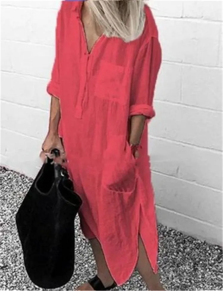 Mono Color Button Lapel Irregular Hem Shirt Women Maxi Dress