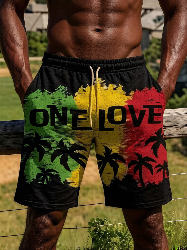 Men's ONE LOVE Palm Tree Art Print Casual Shorts