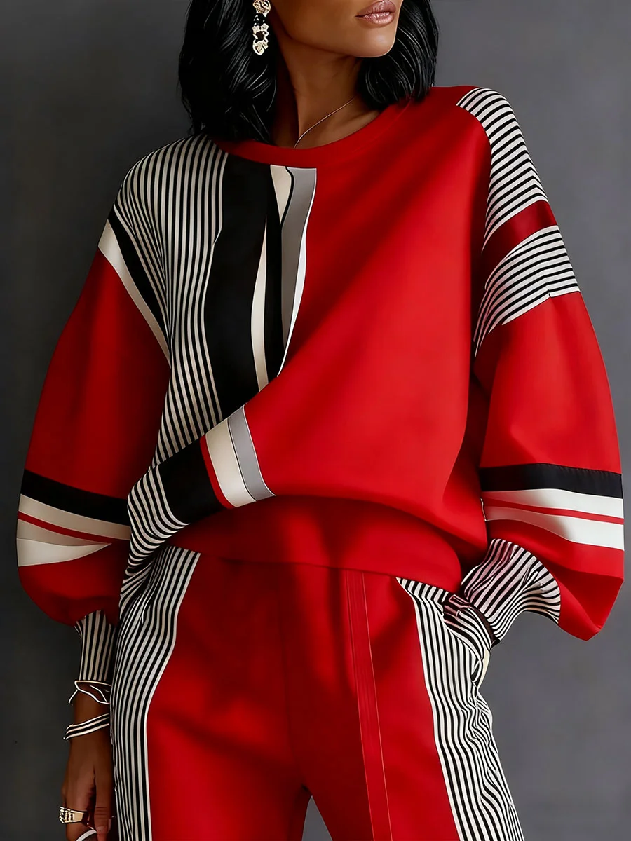 Women's Color Block Stripe Geometric Art Print Casual Sweatshirt