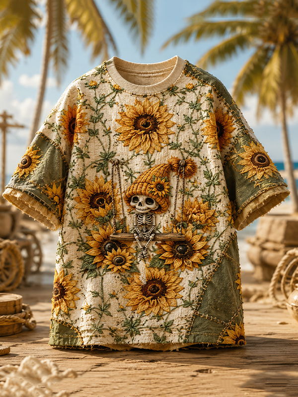 Men's Sunflower Skeleton Patchwork Print T-Shirt
