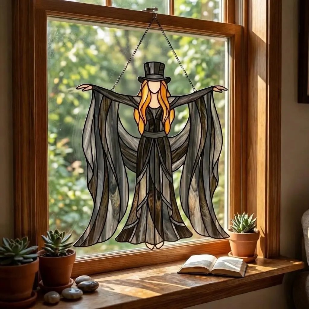 🧙‍♀️Boho Dancing Lady Suncatcher Glass Hanging Ornament - Mystical Gothic Woman Window Spinner