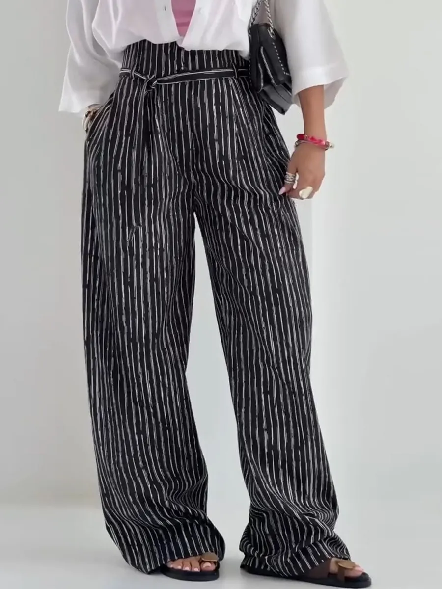 Women's High Waist Lace-Up Stripe Print Casual Cotton and Linen Wide Leg Pants