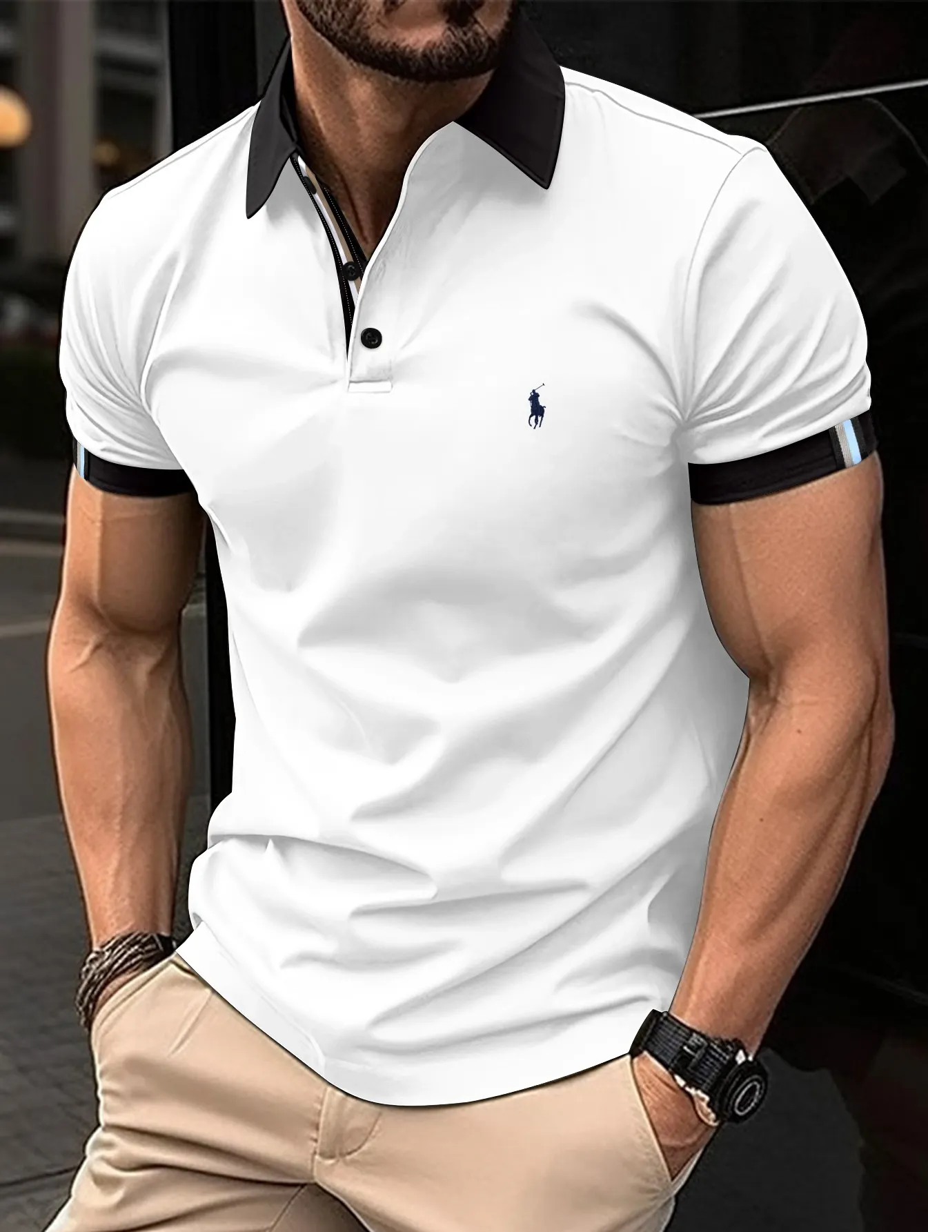 Visenoya 2024 Men's Solid Color Lapel Casual Polo Shirt